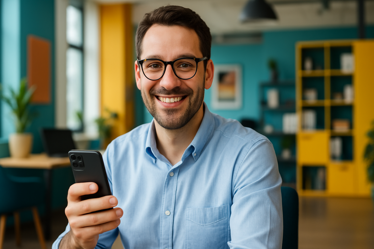 Homem feliz usando telemóvel
